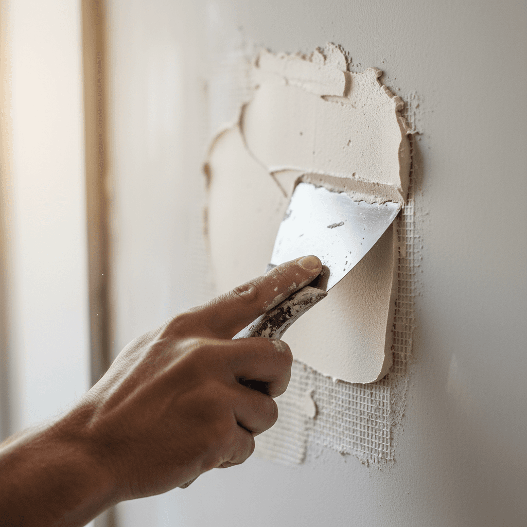 Contractor applying joint compound to drywall repair