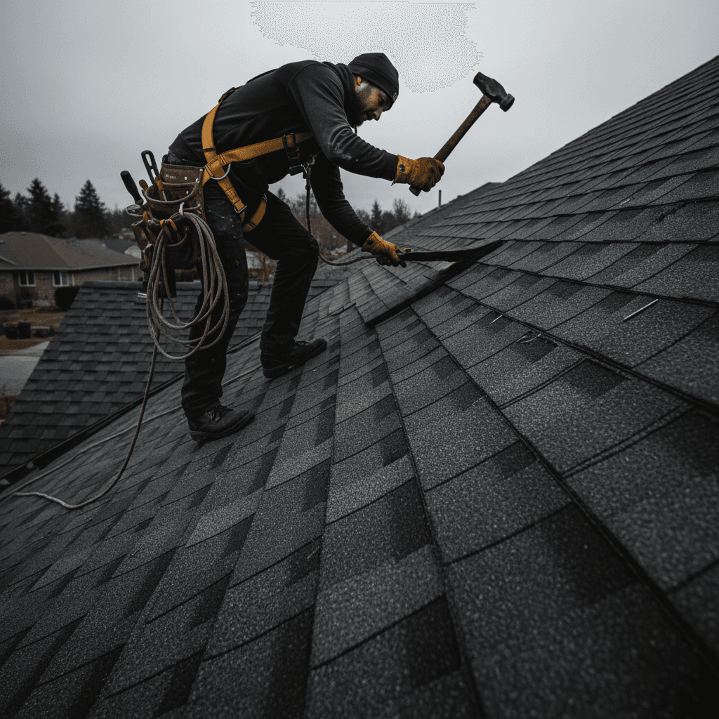 Roofer securing shingles on a residential home