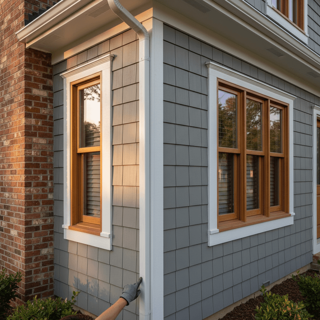 Newly installed gray vinyl siding on home exterior