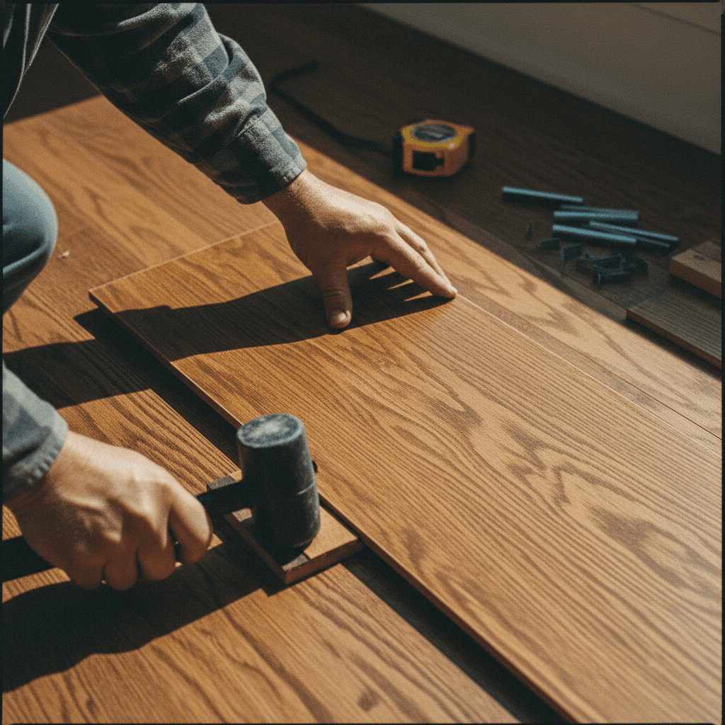 Hardwood flooring installation close-up