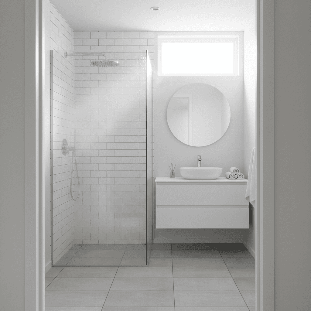 Modern bathroom with glass shower and white vanity