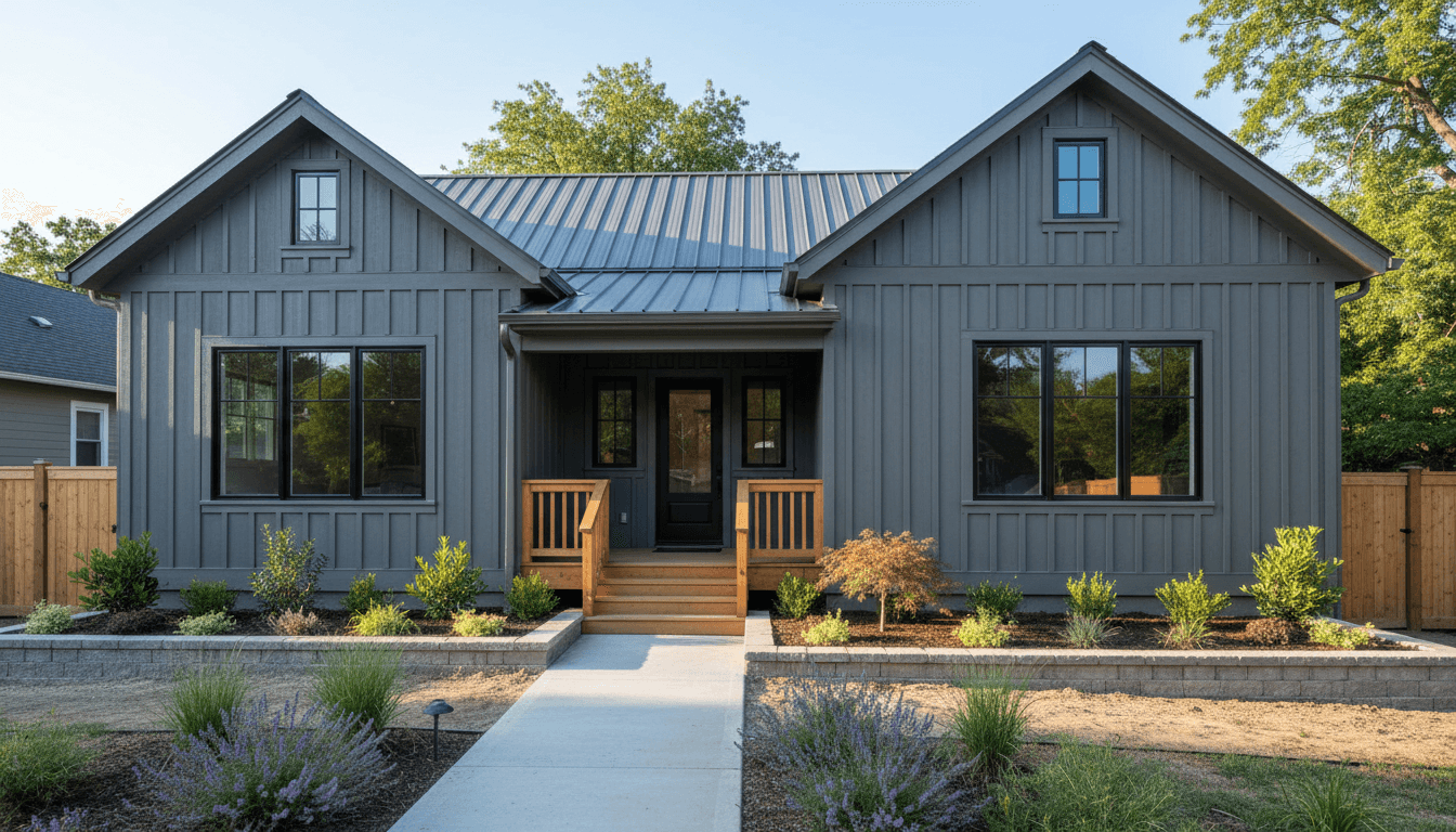 Finished residential property exterior showing comprehensive renovation with updated roofing, windows, and landscaping improvements